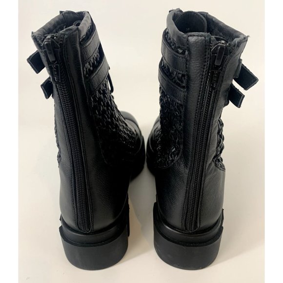 Free People Boots Asher Ankle Black Leather Weaved Side Combat Moto 38 / 7.5 NEW - Picture 5 of 9